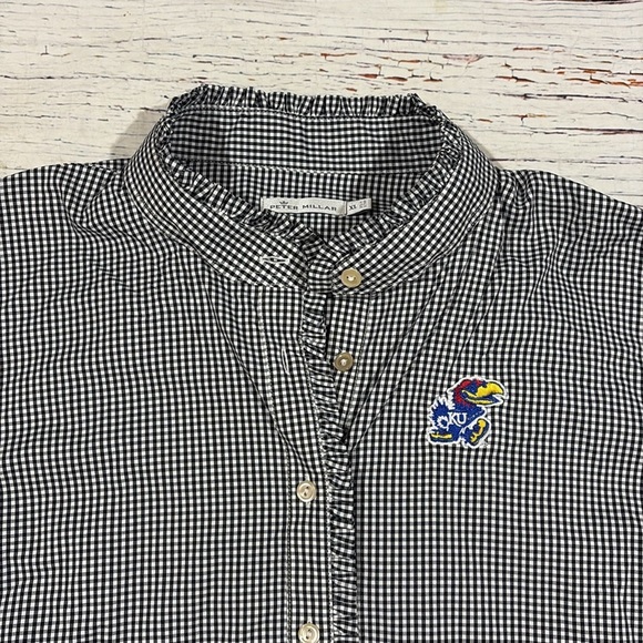 Peter Millar Kansas Jayhawks Gingham Ruffle Button Down Blouse - Picture 7 of 10